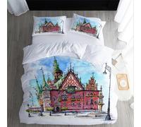 XPINGO Architecture Duvet Cover Super King 220x260 cm 3 Pieces Soft Easy Care Microfiber Bedding Set with Zipper Closure 3D Architecture Comforter Cover with 2 Pillowcases 50x75 cm（style 282-7）