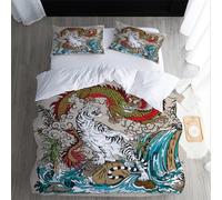 XPINGO Chinese Style Duvet Cover Double 200x200 cm 3 Pieces Soft Easy Care Microfiber Bedding Set with Zipper Closure 3D Dragon Tiger Comforter Cover with 2 Pillowcases 50x75 cm（style 260-3）