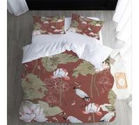 XPINGO Crane Duvet Cover Double 200x200 cm 3 Pieces Soft Easy Care Microfiber Bedding Set with Zipper Closure 3D Lotus Comforter Cover with 2 Pillowcases 50x75 cm（style 267-5）