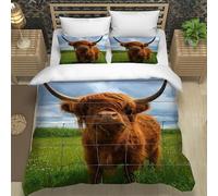 XPINGO Highland Cattle Bedding Duvet Cover Set Single 135x200 cm 2 Pieces Soft Microfiber Quilt Duvet Cover with Zipper Closure 3D Animal Cow Comforter Cover with Pillowcase 50x75