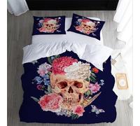 XPINGO Skull Duvet Cover Single 135x200 cm 2 Pieces Soft Easy Care Microfiber Bedding Set with Zipper Closure 3D Gothic Floral Comforter Cover with Pillowcase 50x75 cm（style 262-1）