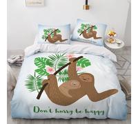 XPINGO Sloth Duvet Cover Super King 220x260 cm 3 Pieces Soft Easy Care Microfiber Bedding Set with Zipper Closure 3D Cartoon Palm Leaves Comforter Cover with 2 Pillowcases 50x75 cm（Stil 206-2）