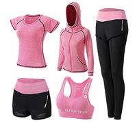 XPINYT 5pcs Workout Outfits for Women Athletic Sets Sport Suits Yoga Gym Fitness Exercise Clothes Jogging Tracksuits, Pink 03, Small