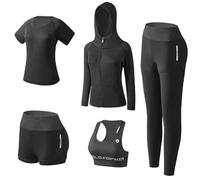 XPINYT 5pcs Workout Outfits for Women Athletic Sets Sport Suits Yoga Gym Fitness Exercise Clothes Jogging Tracksuits, Black 03, Medium