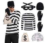 XPJBKC Burglar Costume Set, 6 Pcs Robber Costume Men Set, Bank Robber CostumE with T-Shirt, Hat, Gloves, Eye Mask, Wallet, Banknote, Cops and Robbers Fancy Dress for Criminal Halloween Carnival Party