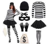 XPJBKC Burglar Costume Set, 7Pcs Robber Costume Women, Cops and Robbers Fancy Dress with T-Shirt, Short Skirt, Knee Socks, Knit Hat, Mask, Gloves, Wallet, Robbers Fancy Dress for Carnival Costumes(L）