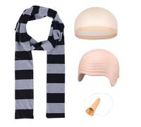 XPJBKC Halloween Costumes with Bald Cap, Black Grey Striped Scarf and Long Nose, Cartoon Cosplay Costume Accessories, for Adult Men Women Halloween Fancy Dress Cosplay (Universal Size)
