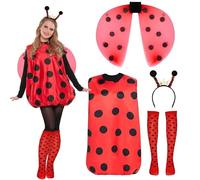 XPJBKC Ladybird Costume Women's 4 Pieces Costume Women's Ladybird Costume Ladybird Costume Adult Fancy Dress Costumes Women's Ladybug Costume for Carnival Cosplay