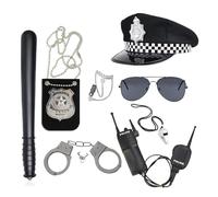 XPJBKC Police Costume Accessories, 8 Pcs Police Fancy Dress Set mit Policeman Hat, Sunglasses, Badges, Handcuffs, Baton, Walkie Talkie, Headset and Whistle for Helloween FBI Pretend Play
