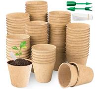 XPJBKC Round Biodegradable Organic Fibre Seedling Pots, 100 Piece 8CM Small Plant Pots for Seedling and Transplanting with 2 Mini Tools & 100 White Labels, Ideal for Garden & Greenhouse Starter Items