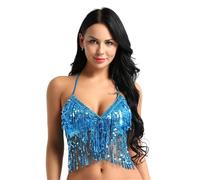 XPJYUA Belly Dancer Top Womens Belly Dance Costumes Bra Top with Sequins Tassel Halter Neck and Back Tie Up Latin Party Club Wear Costume Suitable for Women(Lake Blue)