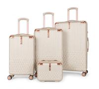 XPLR 4 Piece Hard Shell Luggage Set - Durable ABS Lightweight Suitcase - 14" 20" 24" 28" Cabin Carry On - TSA Lock - 360° Spinner Wheels - Rose Gold Trim & Vanity Case (Champagne Pearl)