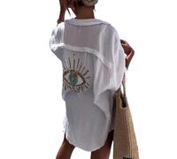 XPONNI Long Sleeve Linen Button Down Shirt Women Oversized Sequin Evil Eye Shirts Dress Beach Cover Ups Summer 2024, White, M