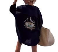 XPONNI Long Sleeve Linen Button Down Shirt Women Oversized Sequin Evil Eye Shirts Dress Beach Cover Ups Summer 2024, Black, L