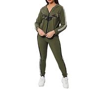 XPOSE Ladies 2-Piece Camouflage Chevron Panel Printed Hooded Zipped Jacket High Waist Camouflage Twin Striped Leggings Tracksuit Workout Set Black Grey Khaki Mocha Wine 8 10 12 14 (KHAKI, S-M, s)