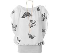 Xpose Ladies Chiffon Butterfly Print Batwing Sleeve Summer Blouse with Necklace Black Fuchsia Cream Mint Coral Nude Lemon 8 10 12 14 16 18 20 (Cream, M/L (12/14))