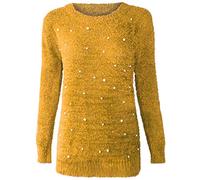 Xpose Ladies Round Neck Boucle Front Pearl Detail Long Sleeved Winter Fluffy Jumper Black Coral Cream Fuchsia Mustard Navy Pink Blue Silver Wine Small Medium Large 8 10 12 14 (Mustard, Medium-Large)