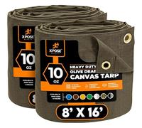 Xpose Safety Canvas Tarp - 10oz Olive Drab Canvas Tarps Heavy Duty Water Resistant with Brass Grommets- Multipurpose Outdoor Tarpaulin for Camping, Canopy, Trailer, Equipment Cover 8' x 16' (2 Pack)