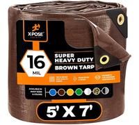 Xpose Safety Super Heavy Duty 16 Mil Brown Poly Tarp Cover - Thick Waterproof, UV Resistant, Rip and Tear Proof Tarpaulin with Grommets and Reinforced Edges - by (5' x 7')