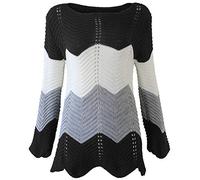 Xpose Womens Ladies Scallop Edge Block Striped Coloured Chunky Knit Jumper Sweater Wine Silver Grey Nude Mustard Denim Blue Black Size 8 10 12 14 (Black, M/L (12/14))