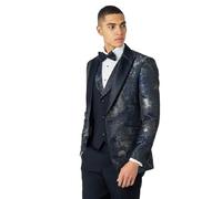 Xposed Alino - Men’s Tuxedo Dinner Jacket Black Blue Floral Printed Wedding Tailored Fit Blazer