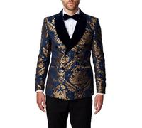 Xposed Gold Brocade on Navy Jacquard Double Breasted Jacket [BLZ-DB-311-BLUE-VELVET-42]