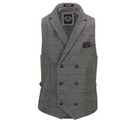 Xposed KANO Mens Tweed Check Waistcoat Vintage 1920s Styled Tailored Fit Double Breasted with Collars Herringbone Weave [CWDB-KANO-GREY-44]