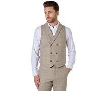 Xposed KANO Mens Tweed Check Waistcoat Vintage 1920s Styled Tailored Fit Double Breasted with Collars Herringbone Weave [CWDB-KANO-BEIGE-48]