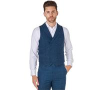 Xposed KANO Mens Tweed Check Waistcoat Vintage 1920s Styled Tailored Fit Double Breasted with Collars Herringbone Weave [CWDB-KANO-NAVY-42]