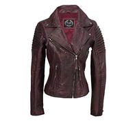 Xposed Ladies Women Vintage Style Soft Washed Real Leather Biker Jacket Slim Fit Size [Burnt Maroon,XL-14]