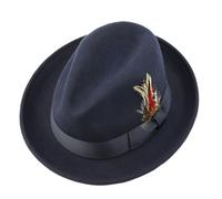 Xposed Men’s 100% Pure Wool Felt C Crown Trilby Hat with Feather Crushable Packable Curved Wide Brim Size M Navy