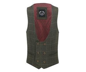 Xposed Men’s Double Breasted Tweed Check Waistcoat Classic Low Cut Retro Vintage Tailored Fit Vest [AMZCH-UWC-VITORI-A2-GREEN-44]