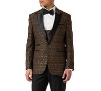 Xposed Men’s Floral Jacquard Print Tuxedo Jacket Smart Tailored Fit Black Peak Lapel Dinner Blazer & Waistcoat[TUX-BRIAN-1055,46,Gold]