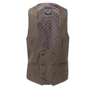 Xposed Men’s Houndstooth Double Breasted Waistcoat Wool Blend Brown Grey Tweed Check Tailored Fit [UWC-HERVE-BROWN-TWEED-46]