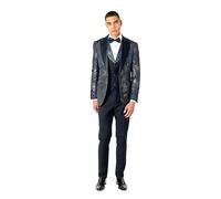 Xposed Mens Blue Gold Floral Print on Black Wedding Tuxedo Suit [SUIT-V8239-2-ALINO-NAVY-UK/US 44, EU54]