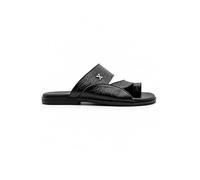 XPOSED Men's Handmade Real Leather Toe Loop Sandals Slip On Open Toe Summer Slides[153-53-BLACK-44 EU, 10 UK]