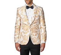 Xposed Mens Peach Paisley Brocade Print on Ivory Cream Jacquard Jacket Tailored Fit Wedding Blazer [BLZ-311-WHITE-44]