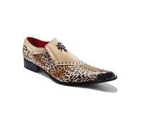 Xposed Mens Shiny Patent Faux Leather Leopard Print Metal Toe Loafer Funky Party Shoes [Livio-Beige, UK 11/US 12 EU 45]