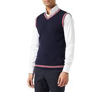 Xposed Mens Sleeveless V Neck Jumper Retro Cable Knitted Cricket Golf Sweater Jersey Top Vest[V961,L,Navy Blue]