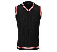 Xposed Mens Sleeveless V Neck Jumper Retro Cable Knitted Cricket Golf Sweater Jersey Top Vest[V961,L,Black]