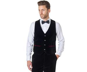 Xposed Mens Tim Black Soft Velvet Waistcoat Wedding Party Retro Tailored Fit Suit Vest