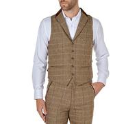 Xposed Mens Tweed Check Collar Waistcoats Oak Brown Grey 1920s Retro Herringbone Smart Tailored Fit Vests [AMZCH-CWC-CARLO-B5-BROWN-48]