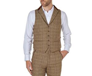 Xposed Mens Tweed Check Collar Waistcoats Oak Brown Grey 1920s Retro Herringbone Smart Tailored Fit Vests [AMZCH-CWC-CARLO-B5-BROWN-44]
