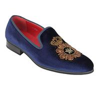 Xposed Mens Velvet Loafers Bee & Crown Embroidered Motif Vintage Dress Shoes Slip on Slippers[A2556H,9UK,Navy]