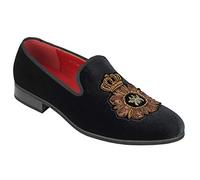 Xposed Mens Velvet Loafers Bee & Crown Embroidered Motif Vintage Dress Shoes Slip on Slippers[A2556H,9UK,Black]