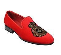 Xposed Mens Velvet Loafers Bee & Crown Embroidered Motif Vintage Dress Shoes Slip on Slippers (Red, Numeric_8)