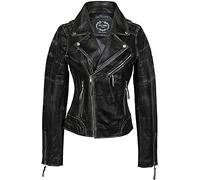 XPOSED of London Ladies Real Leather Biker Jacket Black Vintage Style Rub Off Effect Retro Slim Fit[6533-RUB OFF BLACK,2XL,Black Rub-off]
