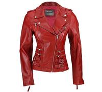 XPOSED of London Ladies Womens Red Real Leather Fitted Vintage Biker Style Zip Buckle Jacket [L,Red]