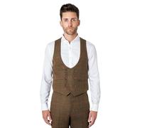 XPOSED of London Mens Double Breasted Tweed Check Waistcoat Retro Horseshoe Cut Herringbone Vest[UWC-JARVIS-7250-5,UK 38 EU 48,Tan Brown]