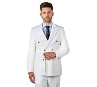 Xposed RAY - Tailored Fit Off White Herringbone Linen Double Breasted Jacket [BLZ-DB-RAY-White, UK/US 42 EU 52]